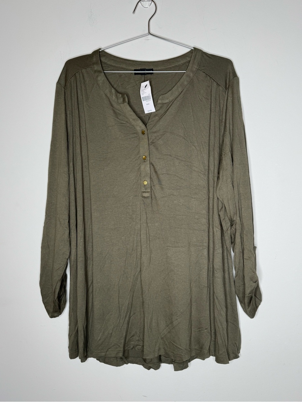 Plus Size 22 24 Olive Green 3/4 Sleeve Popover Casual Top Lane Bryant New